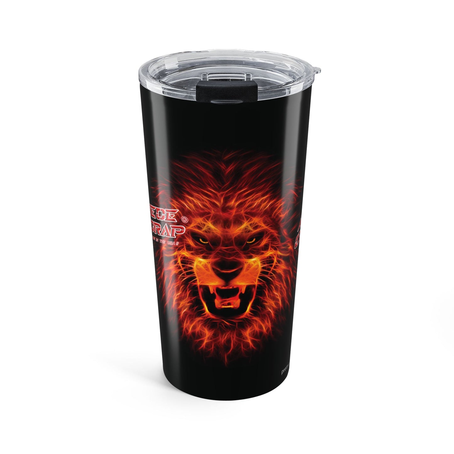 Tumbler with a fiery lion design on a black background
