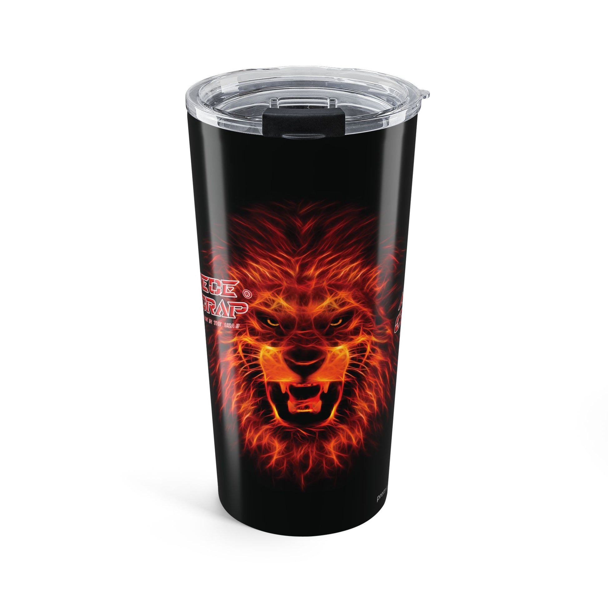 Tumbler with a fiery lion design on a black background