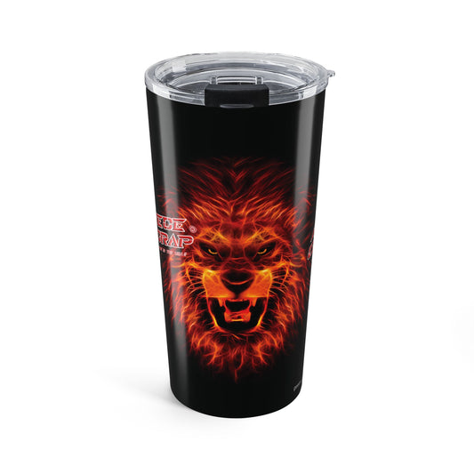 Tumbler with a fiery lion design on a black background