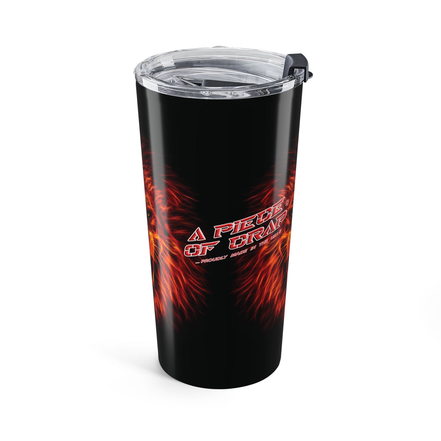 Black tumbler with red and orange design and text on a white background