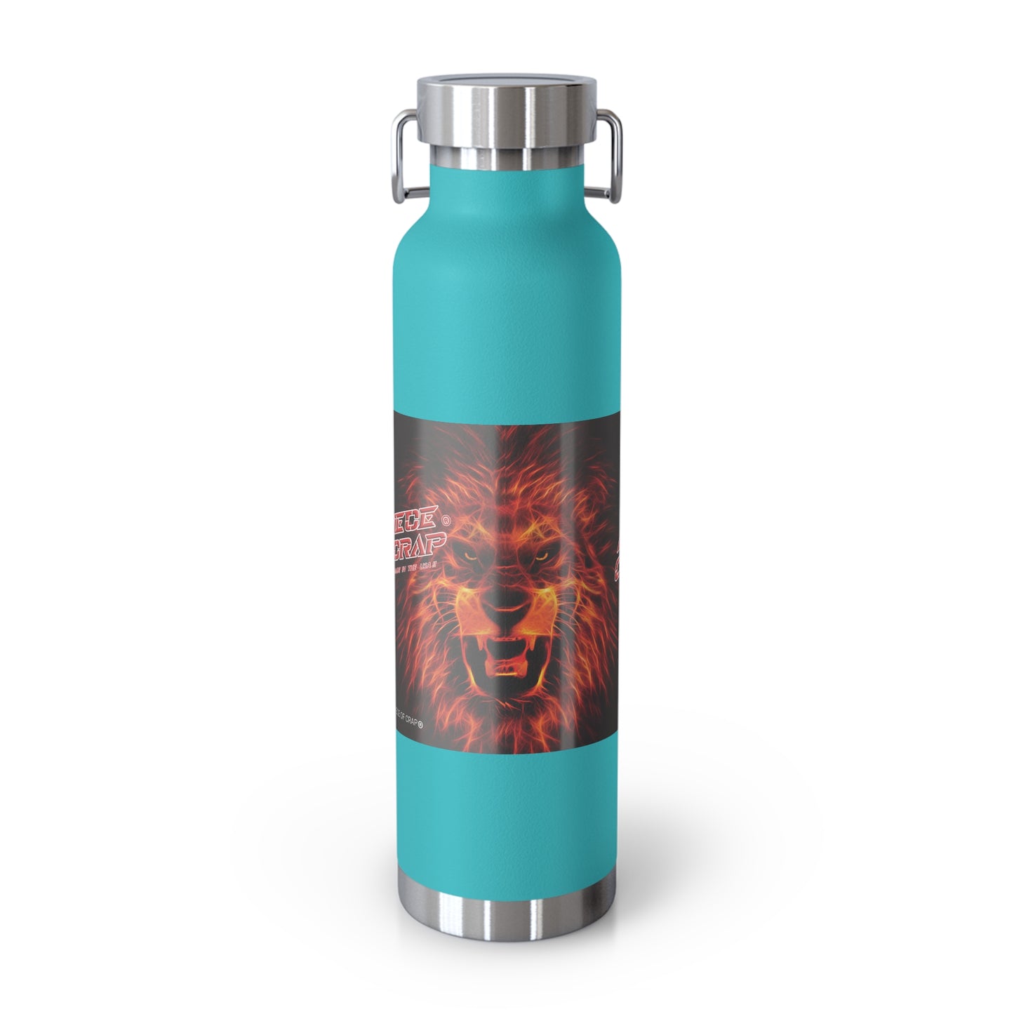 Turquoise water bottle with a lion graphic on a white background