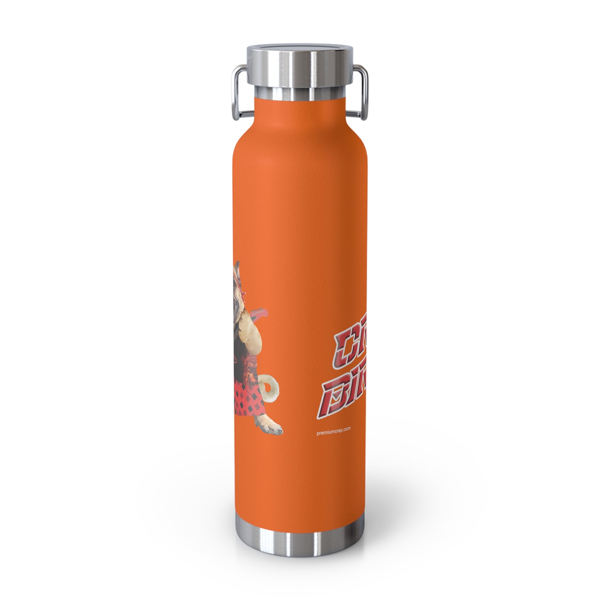 Orange water bottle with a design and text on a white background