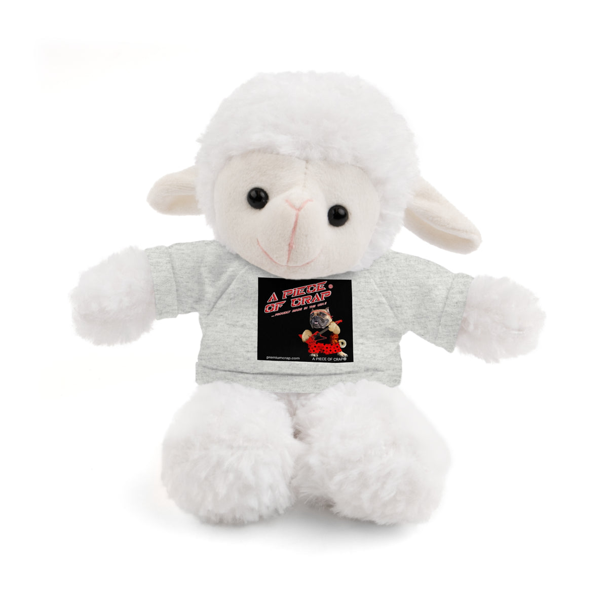 A white plush sheep toy wearing a light gray heathered t-shirt with a black graphic print on the chest, set against a plain white background.