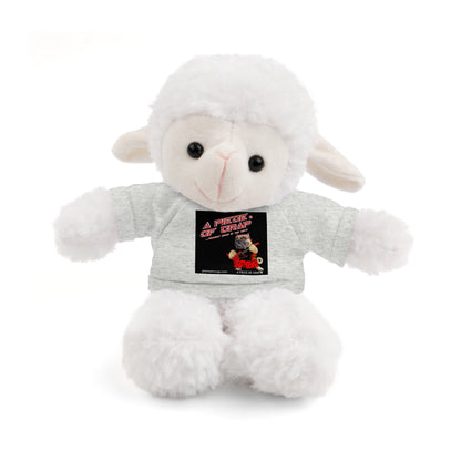 A white plush sheep toy wearing a light gray heathered t-shirt with a black graphic print on the chest, set against a plain white background.
