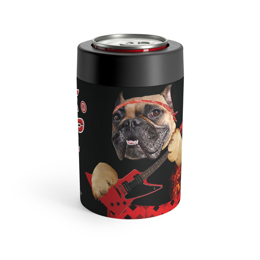 Black can cooler with a dog playing guitar design on a white background