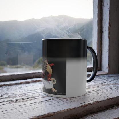 A ceramic mug with a black handle and a black-to-white gradient design, sitting on a rustic wooden windowsill with a mountain landscape visible outside.