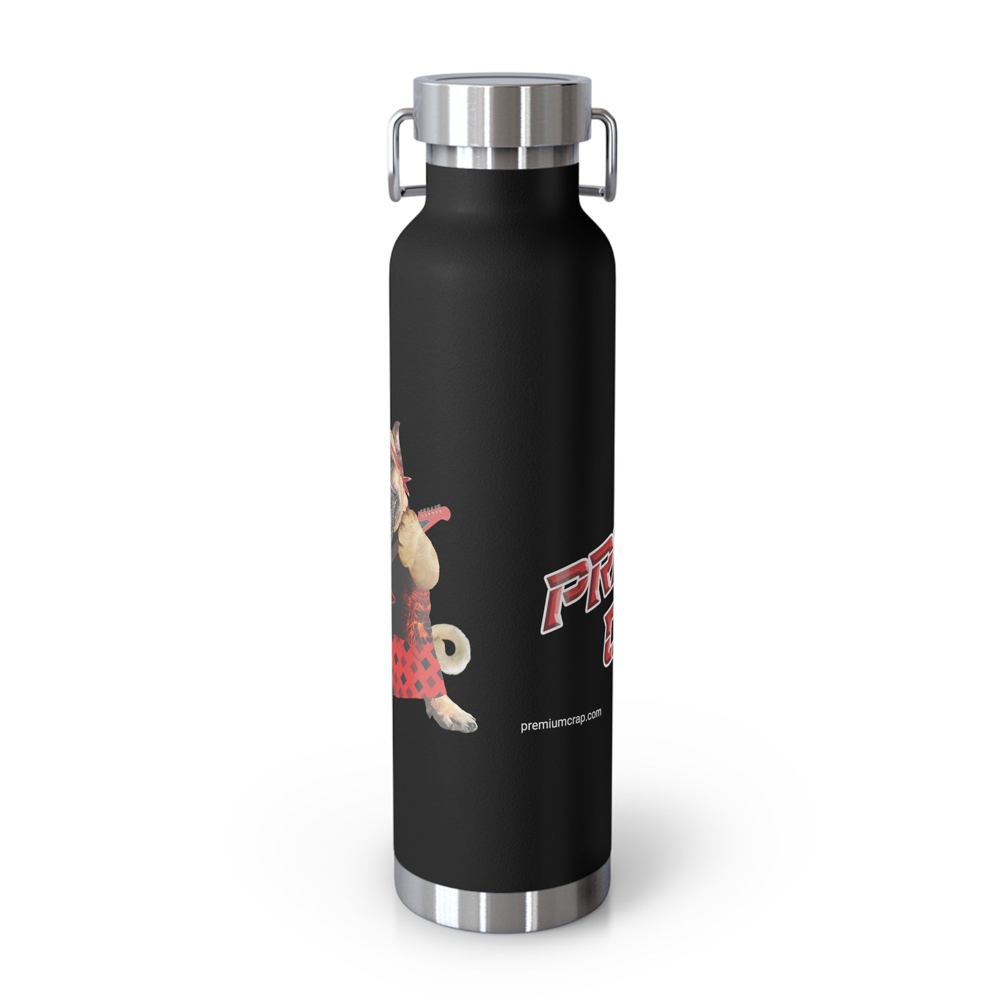 Black water bottle with a graphic design on a white background