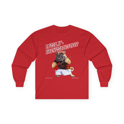Red long-sleeve shirt with a graphic of a dog and text on a white background