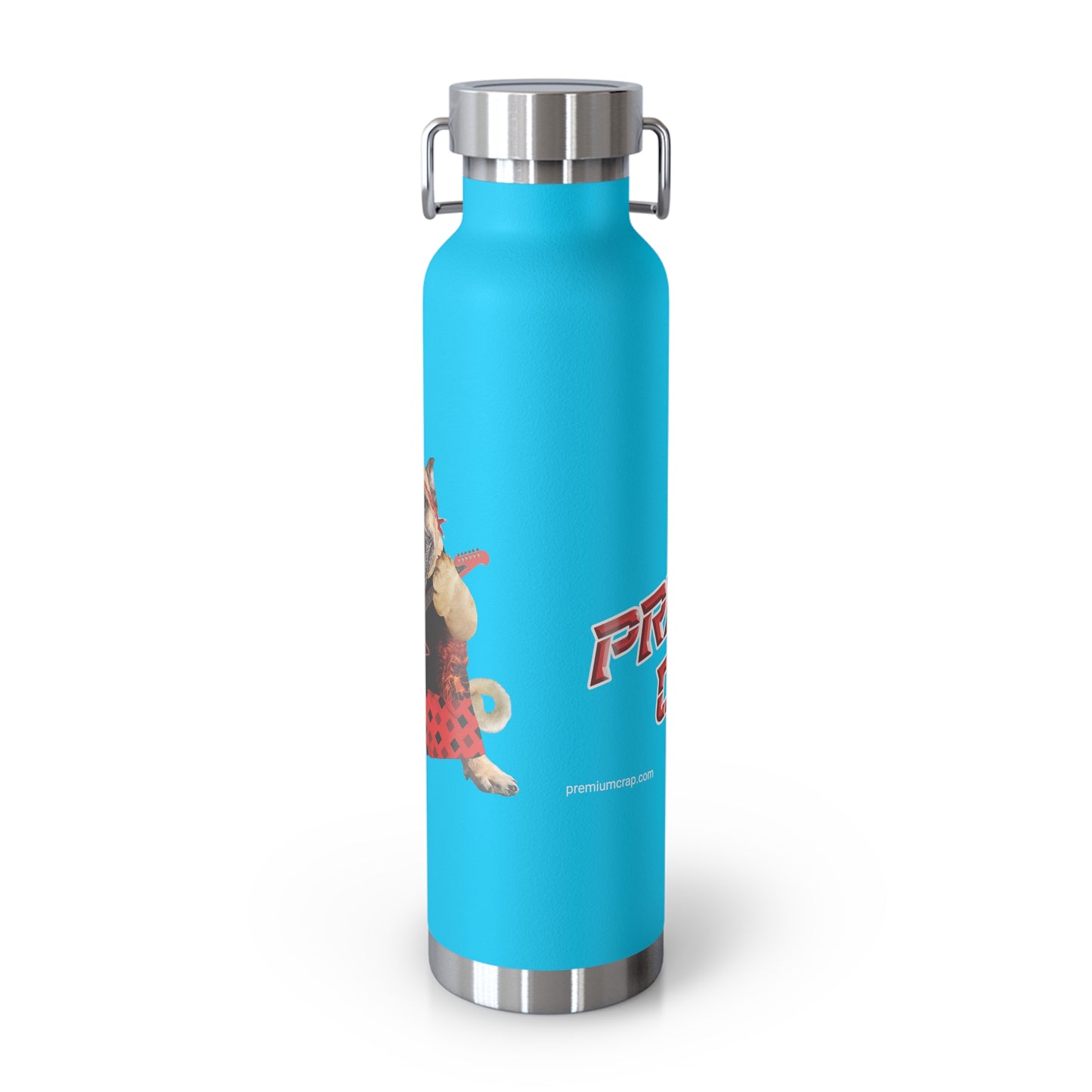 Blue water bottle with a character design on a white background