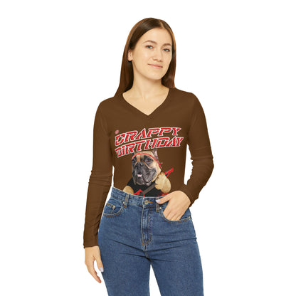 Crappy Birthday II Women's Long Sleeve V-neck Shirt - Brown