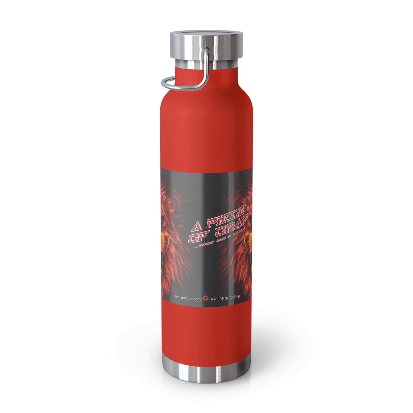 A red insulated water bottle with a black and red flame graphic label reading 'A Piece Of Crap', featuring a silver metal cap and base, shown on a white background.