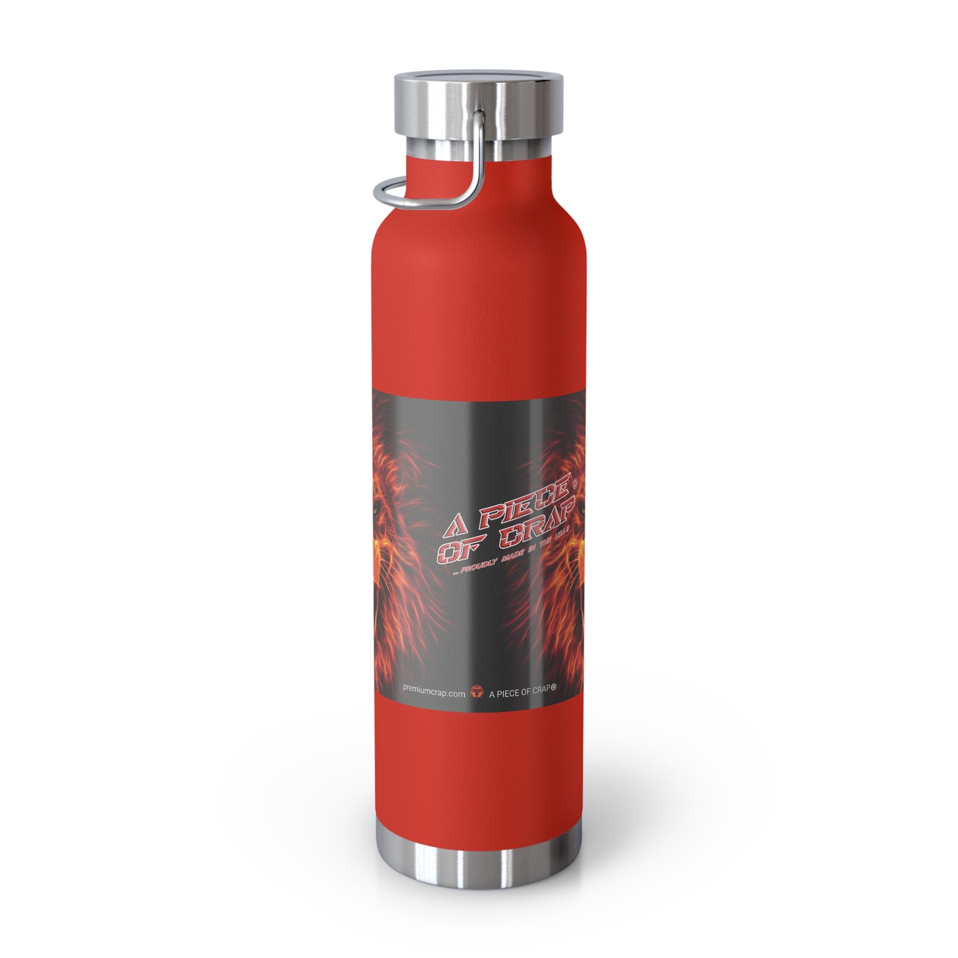 A red insulated water bottle with a black and red flame graphic label reading 'A Piece Of Crap', featuring a silver metal cap and base, shown on a white background.