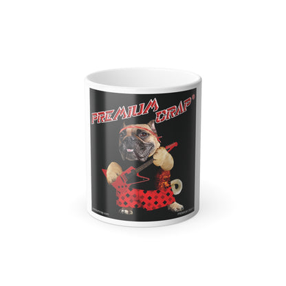 A white ceramic mug featuring a black wrap-around graphic print of a pug dressed in a red polka-dot outfit with the text 'PREMIUM CRAP' in red and white, shown on a plain white background.