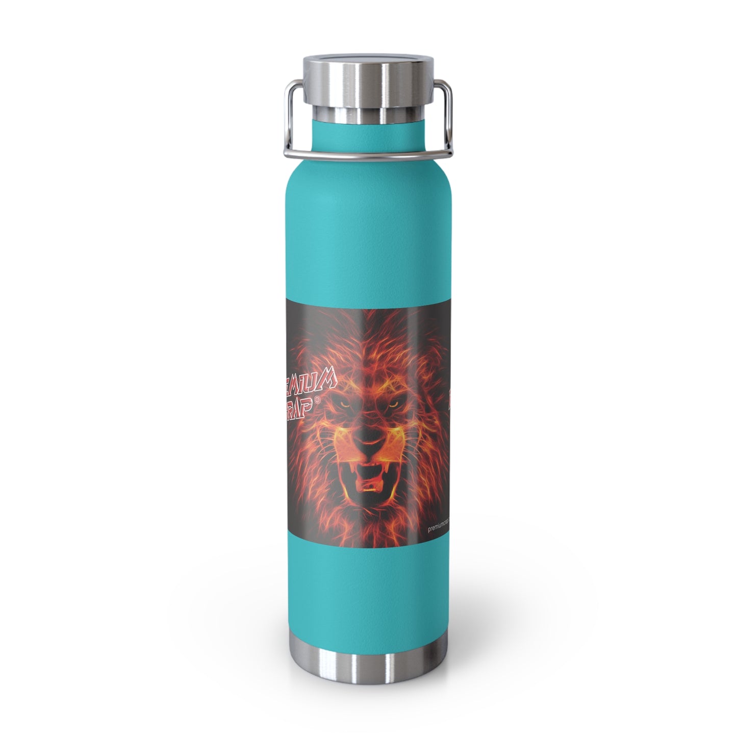 Turquoise water bottle with a lion graphic on a white background