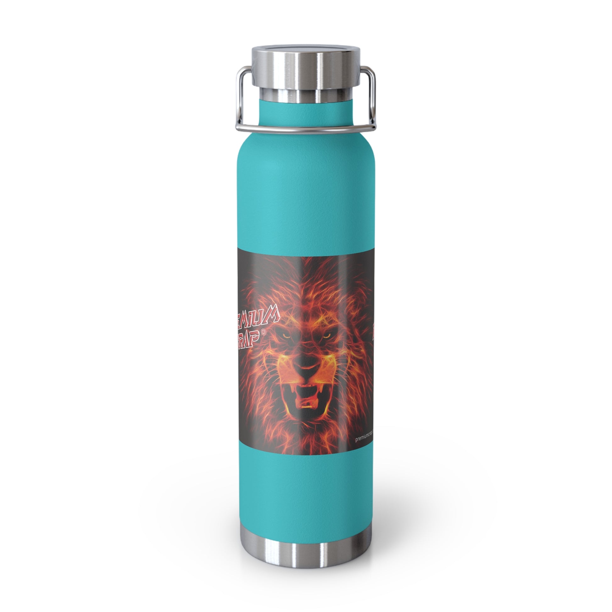 Turquoise water bottle with a lion graphic on a white background