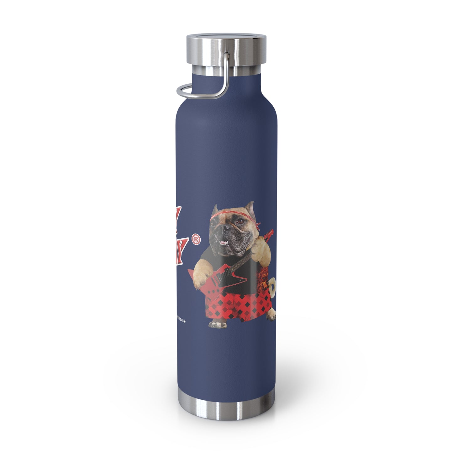 Navy blue water bottle with a dog graphic on a white background