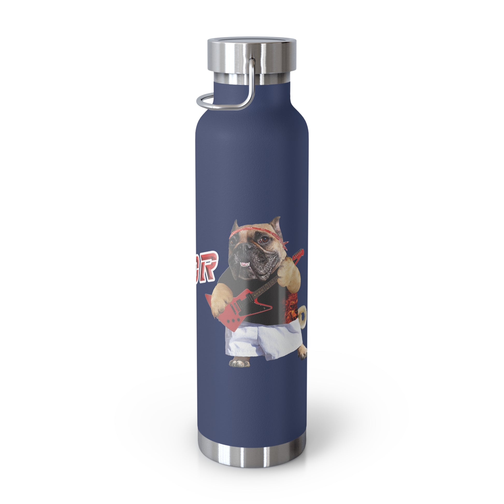 Navy blue water bottle with a graphic of a bulldog wearing a cap and holding a guitar on a white background.