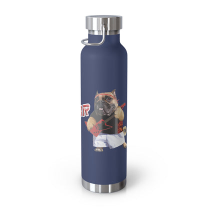 Navy blue water bottle with a graphic of a bulldog wearing a cap and holding a guitar on a white background.