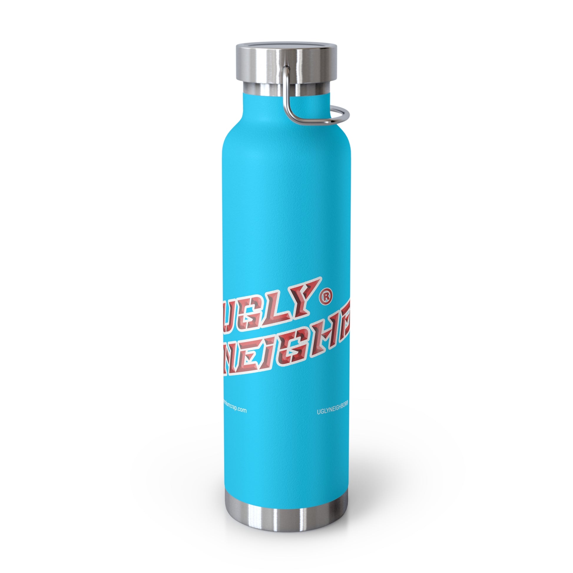 Blue water bottle with silver lid and 'Ugly Neighbor' text on a white background