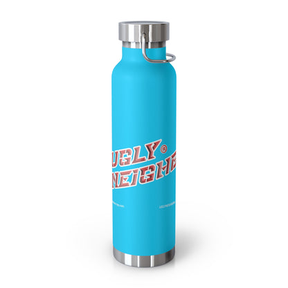 Blue water bottle with silver lid and 'Ugly Neighbor' text on a white background