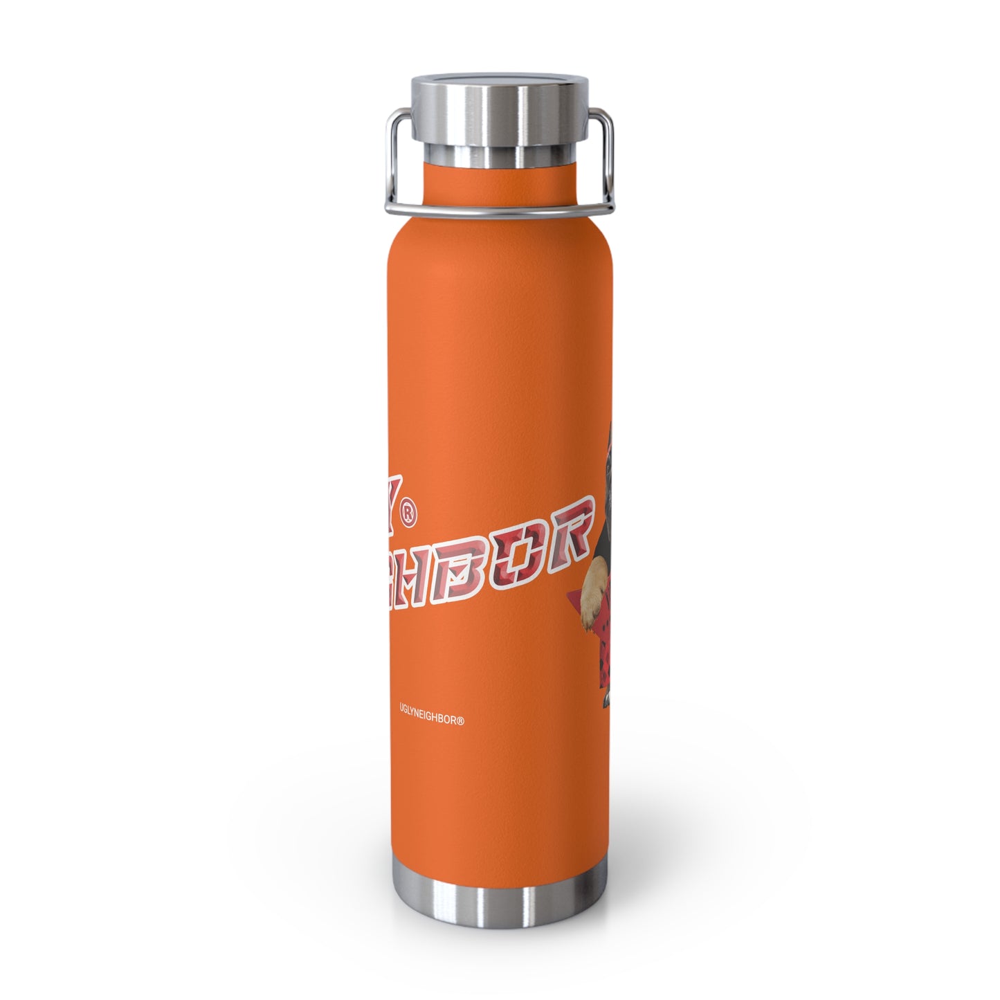 Orange water bottle with silver cap and 'Ugly Neighbor' text on a white background