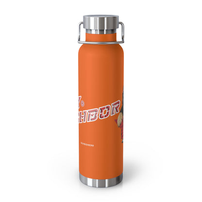 Orange water bottle with silver cap and 'Ugly Neighbor' text on a white background