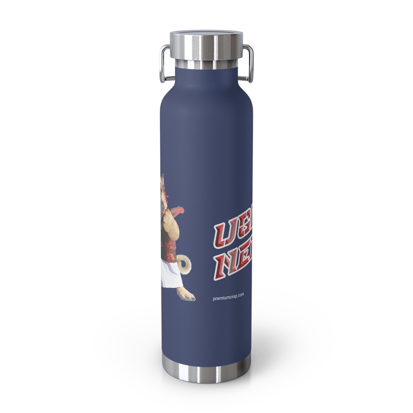 Navy blue water bottle with a graphic of a rabbit and text on a white background