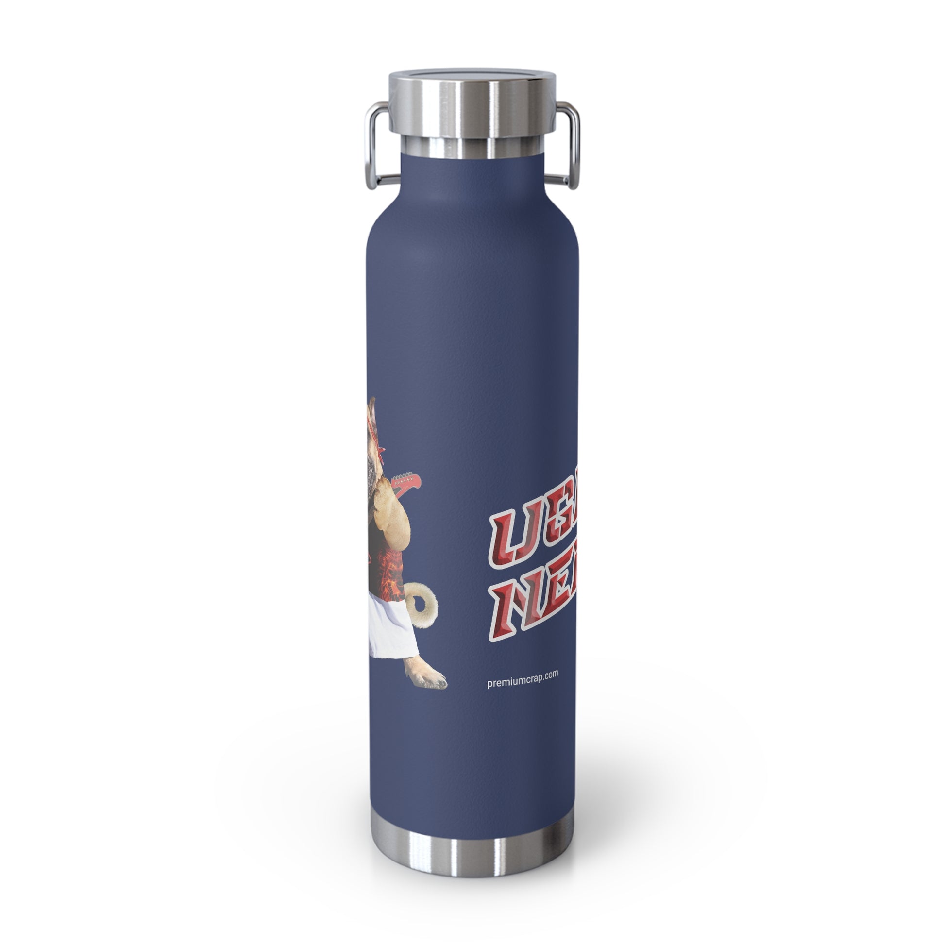 Navy blue water bottle with a graphic of a rabbit and text on a white background