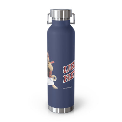 Navy blue water bottle with a graphic of a rabbit and text on a white background
