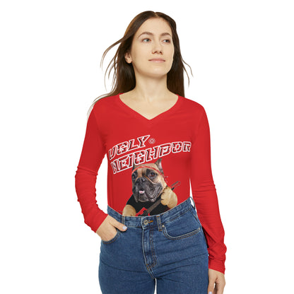 Ugly Neighbor Chic Long Sleeve V-Neck Tee - Red