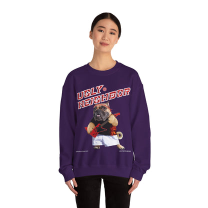 Person wearing a purple sweatshirt with a graphic of a pug and text on a white background