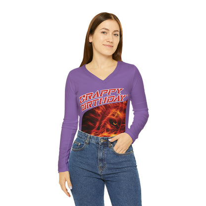 Crappy Birthday Chic Long Sleeve V-Neck Tee - Light Purple