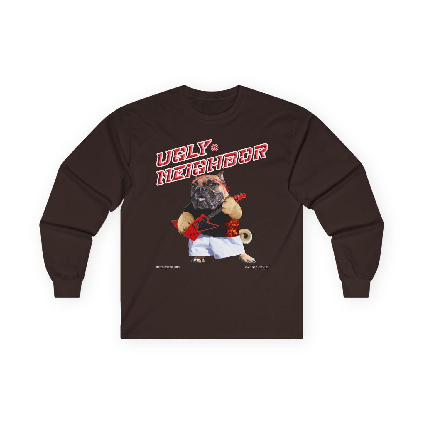 Brown long-sleeve shirt with a graphic of a pug and text on a white background