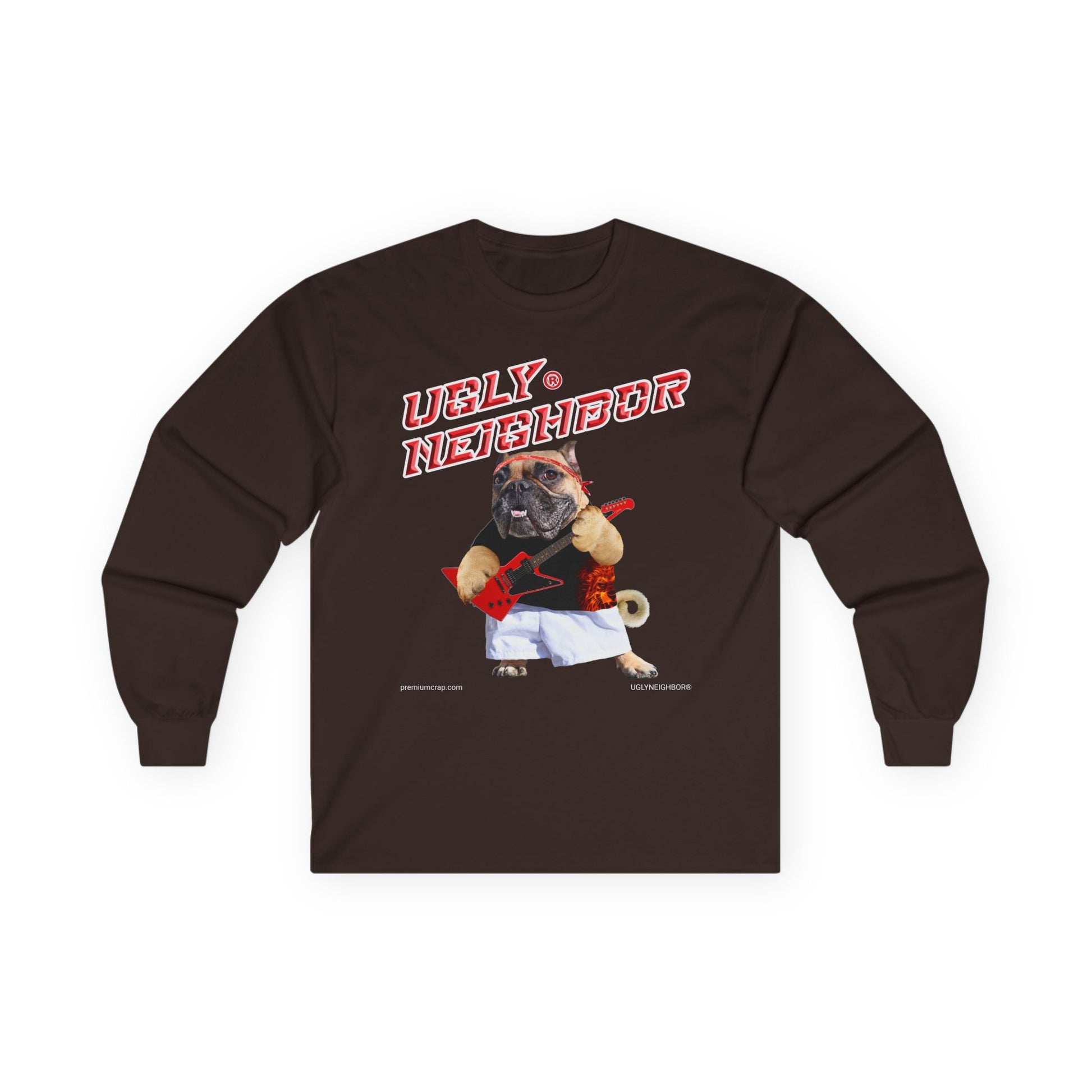 Brown long-sleeve shirt with a graphic of a pug and text on a white background
