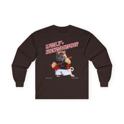Brown long-sleeve shirt with a graphic of a pug and text on a white background
