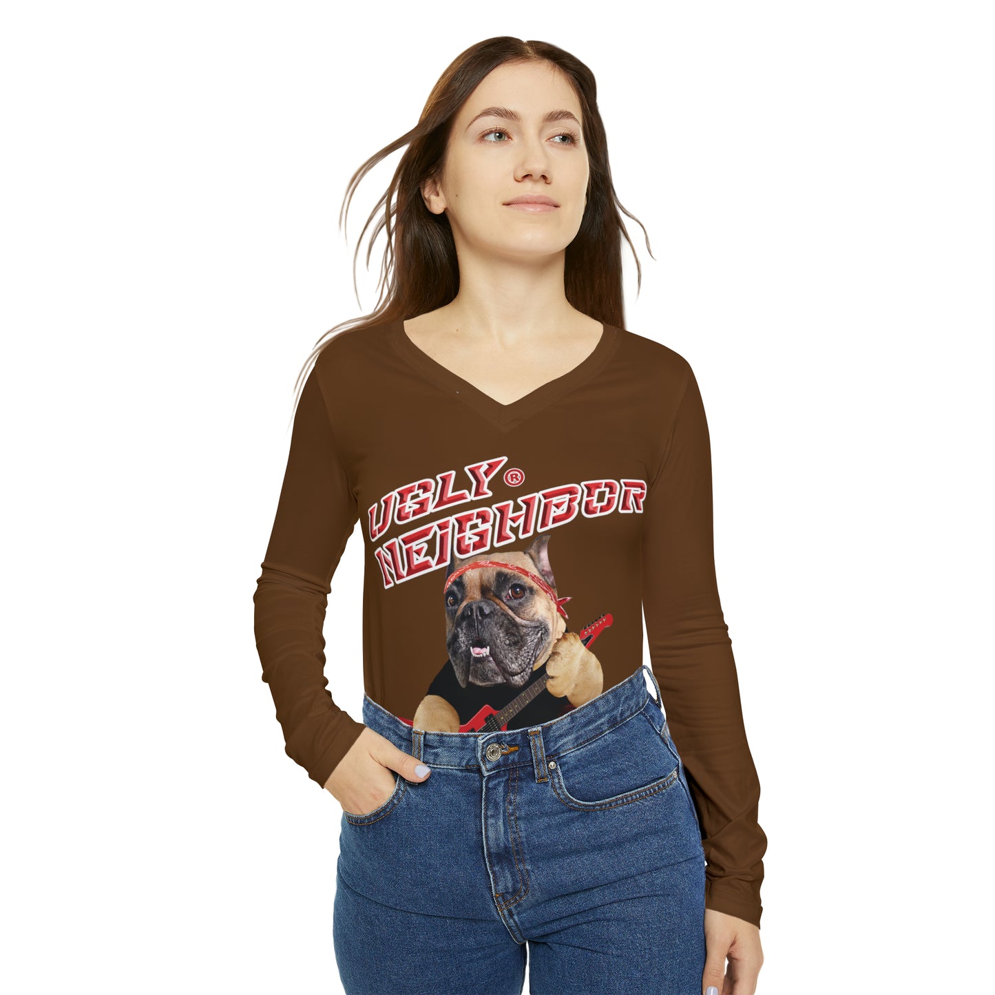 Ugly Neighbor II Women's Long Sleeve V-neck Shirt - Brown