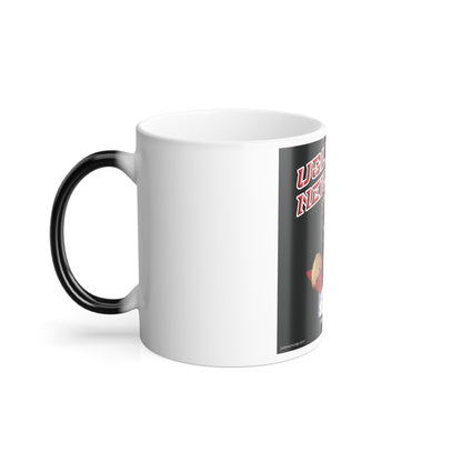 A white ceramic mug with a black handle and a black side panel featuring red text and a small graphic, shown on a clean white background.