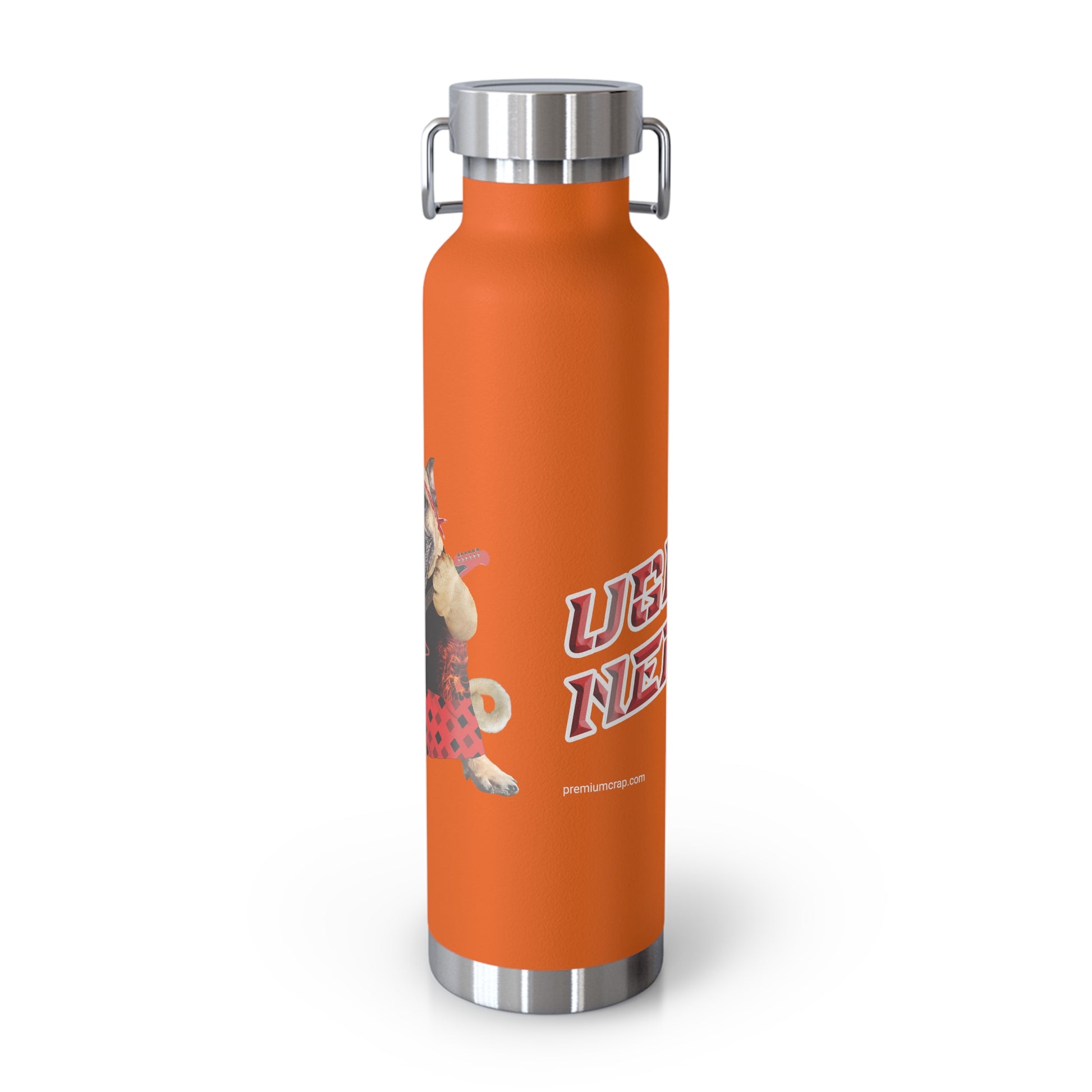 An orange insulated water bottle with a stainless steel lid and base, featuring a cartoon dog graphic and the text 'Ugly Neighbor' on the front, set against a plain white background.