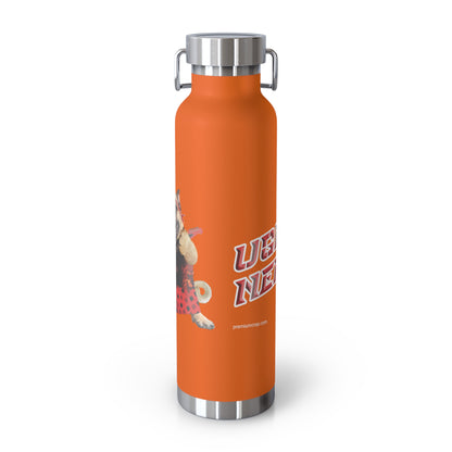 An orange insulated water bottle with a stainless steel lid and base, featuring a cartoon dog graphic and the text 'Ugly Neighbor' on the front, set against a plain white background.