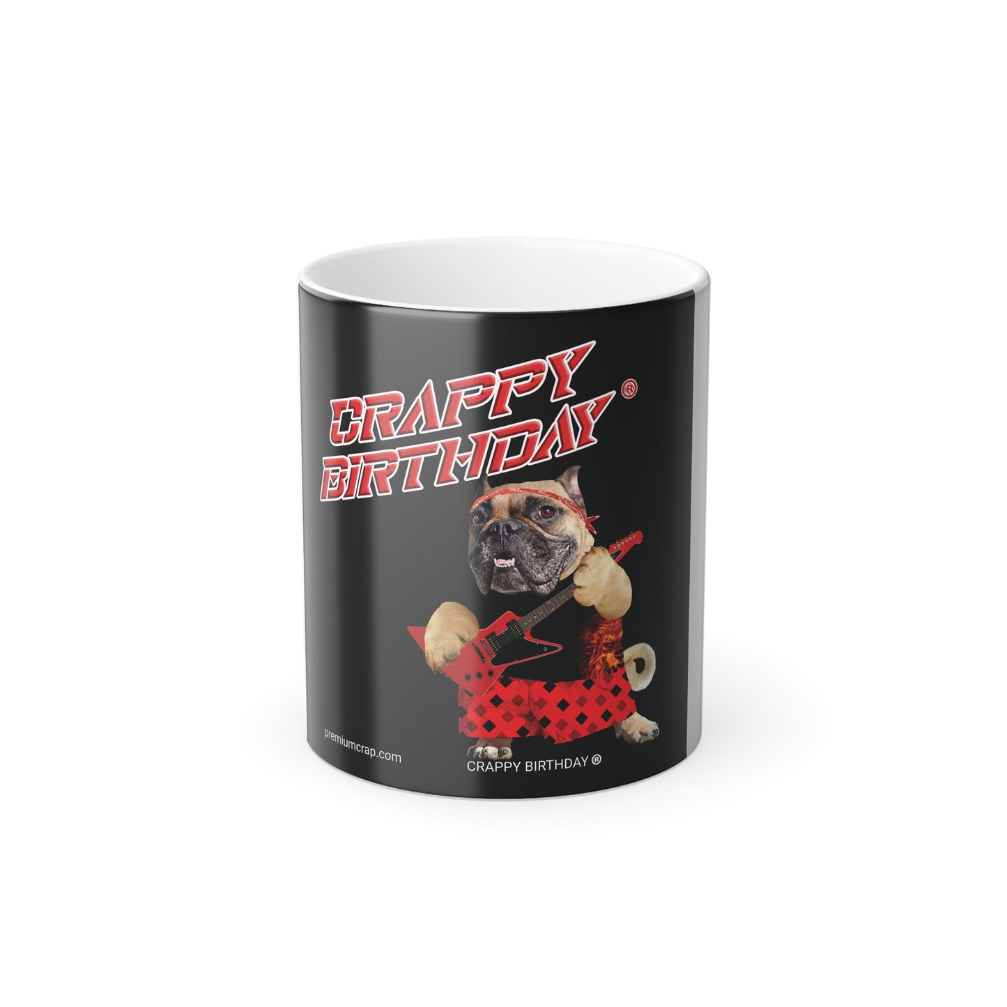 A black ceramic mug with a white interior, featuring a humorous graphic of a bulldog wearing a red polka-dot outfit and holding a guitar.