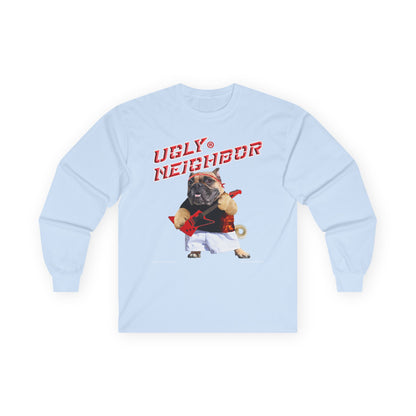 Light blue sweatshirt with a graphic of a pug and text 'Ugly Neighbor' on a white background