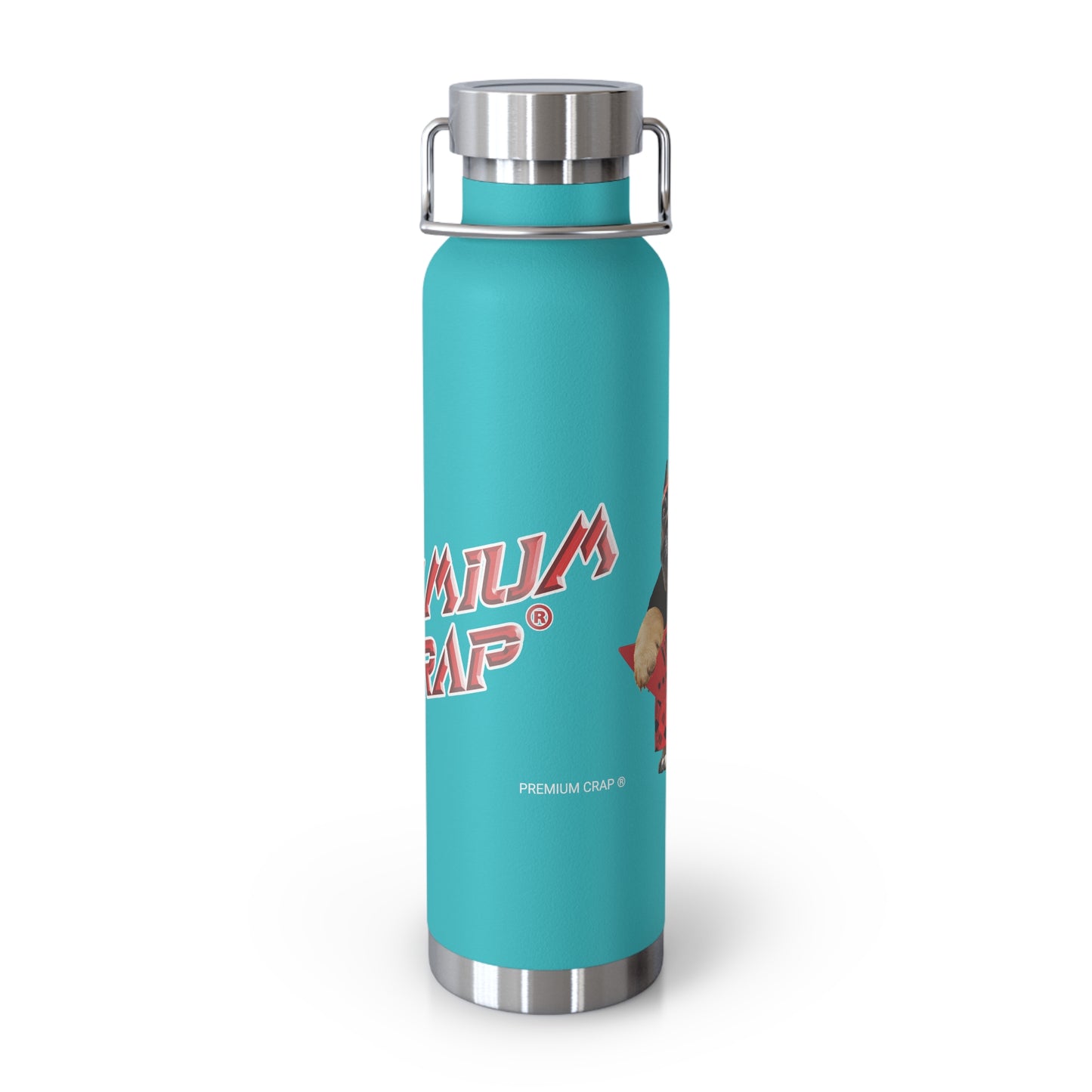 Turquoise water bottle with silver lid and 'Premium Crap' branding on a white background
