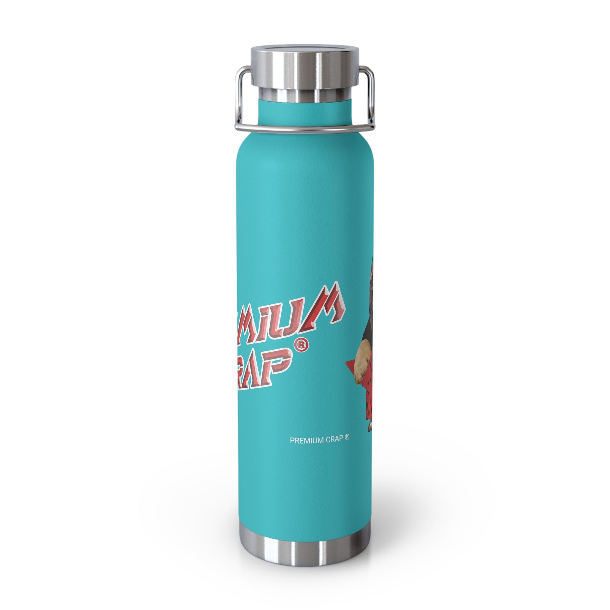 Turquoise water bottle with silver lid and 'Premium Crap' branding on a white background