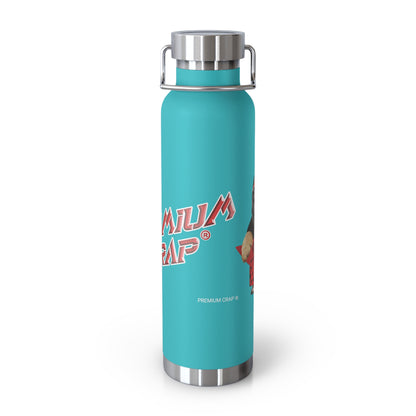 Turquoise water bottle with silver lid and 'Premium Crap' branding on a white background