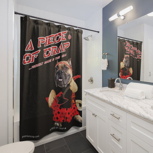 Bathroom with a shower curtain featuring a dog and text, white vanity, and mirror.