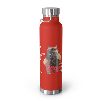 Red water bottle with a dog illustration on a white background