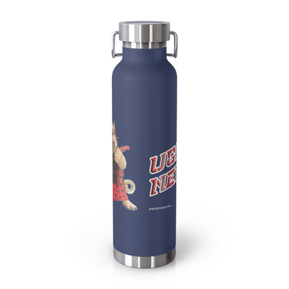Navy blue water bottle with a graphic design on a white background