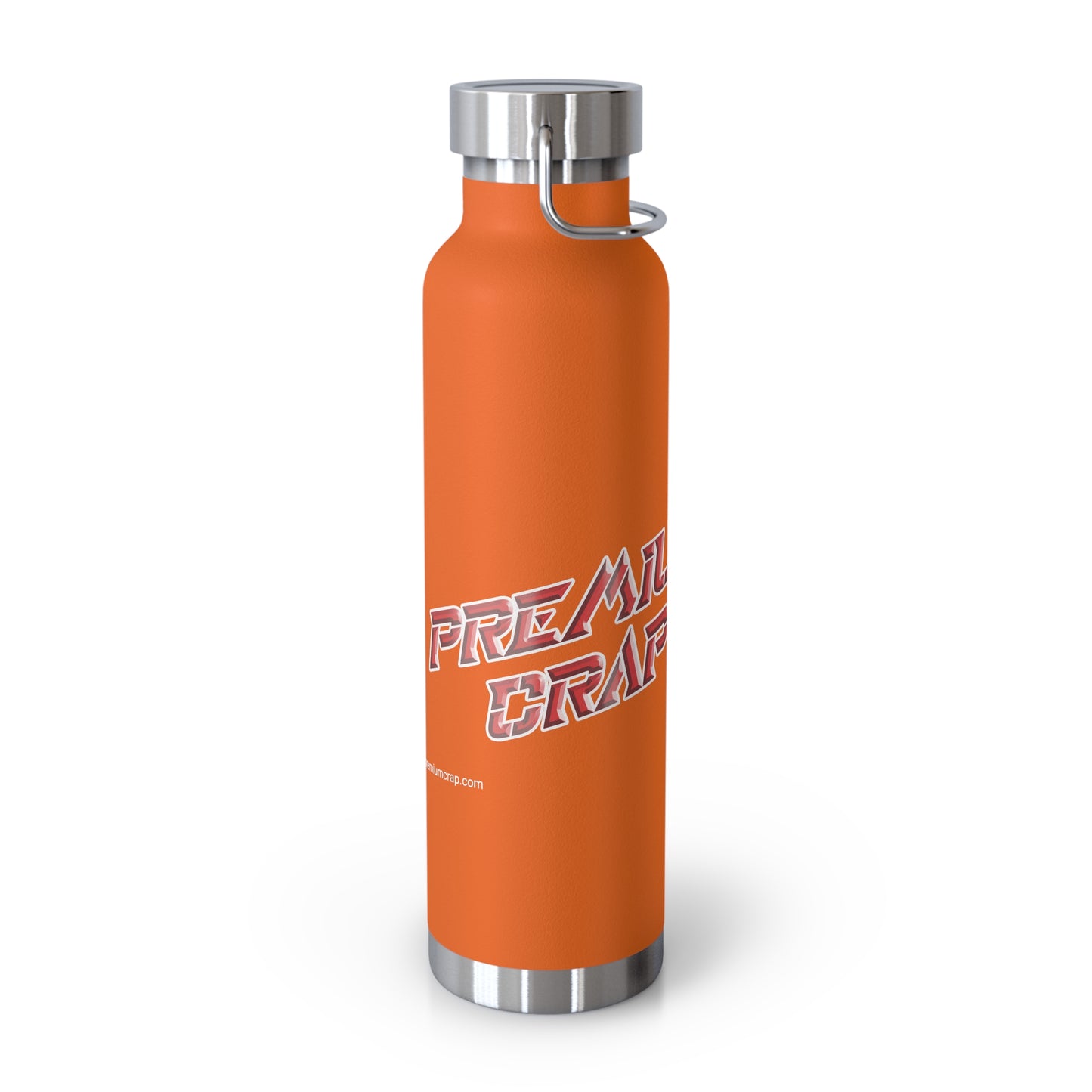 Orange water bottle with silver cap and 'Premium Crap' text on a white background