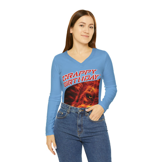 Crappy Birthday Chic Long Sleeve V-Neck Tee - Light Blue