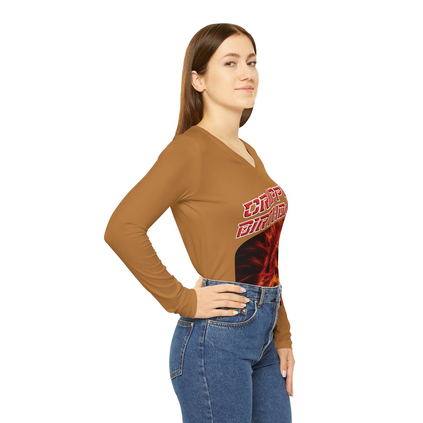 Crappy Birthday Chic Long Sleeve V-Neck Tee - Light Brown